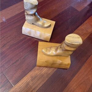 Vintage Hand-Carved Natural Wood Boot Bookends - Pair